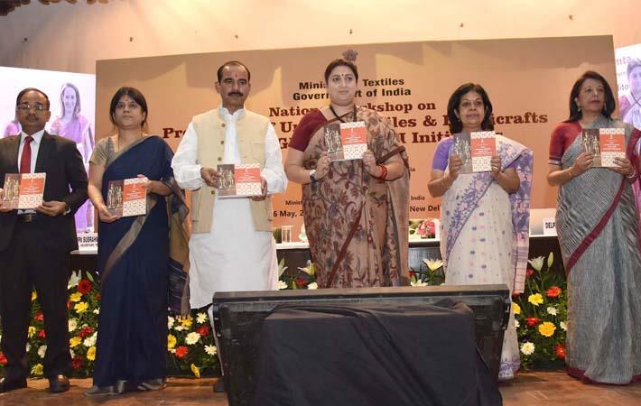 Textiles minister Smriti Irani at the inauguration of the National Workshop on Promotion of Unique Textiles & Handicrafts for GI & Post GI Initiatives with Ajay Tamta and Rashmi Verma. Courtesy: PIB