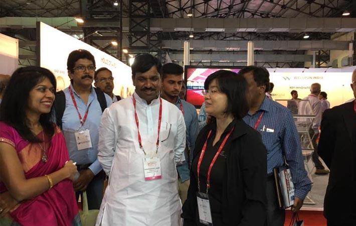 Winnie Wu of TTF with Rudrappa Lamani, minister for textile from commerce & industries department, Karnataka and Kavita Gupta, textile commissioner of India at the inauguration of Technotex 2017.
