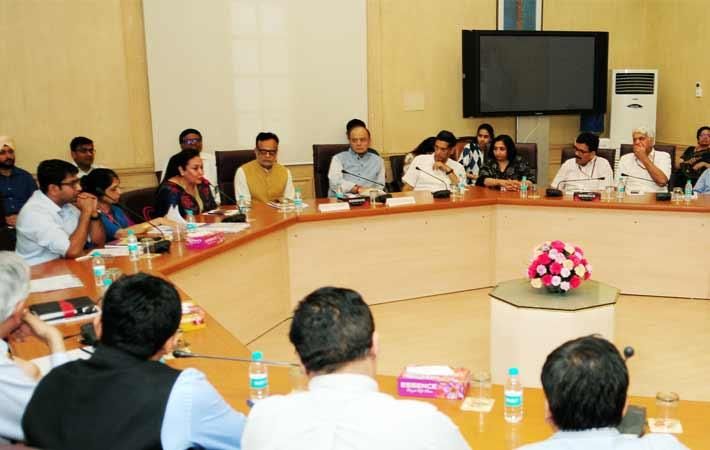 Finance minister Arun Jaitley interacting with trade representatives on GST in Delhi. Revenue secretary Dr Hasmukh Adhia and chief economic adviser Dr Arvind Subramanian are also seen. Courtesy: PIB