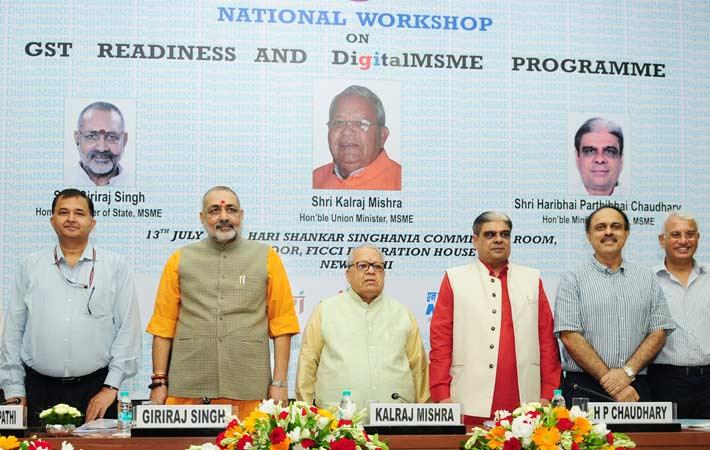 Minister of MSME Kalraj Mishra at National Workshop on GST Readiness of the ministry in New Delhi with ministers Giriraj Singh & Haribhai Parthibhai Chaudhary and other dignitaries. Courtesy: PIB