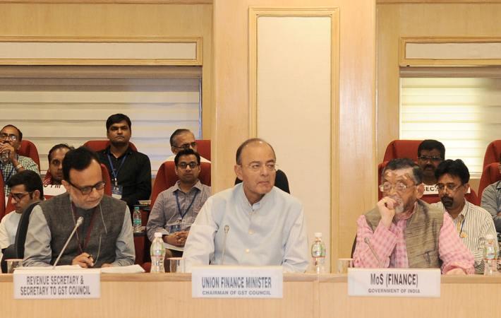 Union Finance Minister Arun Jaitley chairing the 20th meeting of the GST Council, in New Delhi on August 05, 2017. MoS for Finance Santosh Kumar Gangwar and Revenue Secretary Dr. Hasmukh Adhia are als