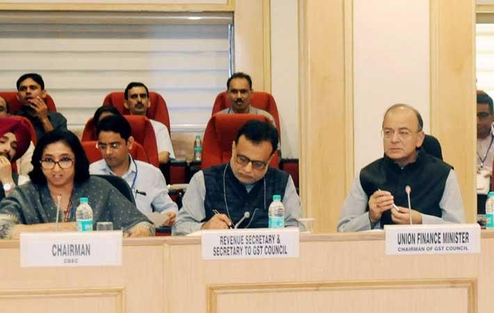 Indian finance minister Arun Jaitley, GST Council secretary Hasmukh Adhia and CBEC chairperson Vanaja Sarna at the 22nd meeting of the GST Council. Courtesy: PIB