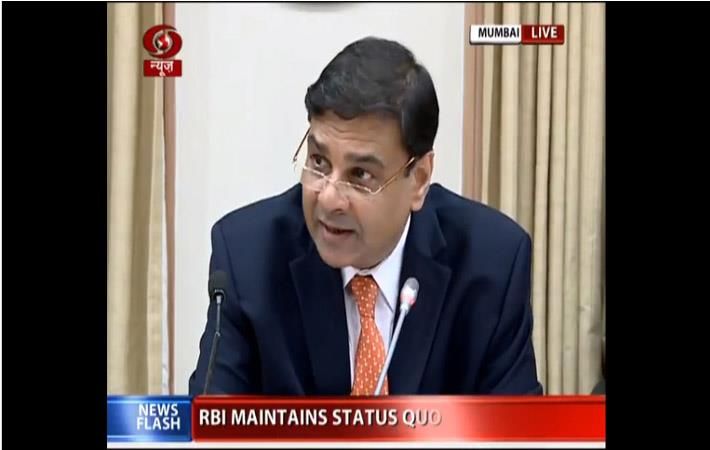 RBi governor Urjit Patel addressing a press conference in Mumbai post release of bi-monthly statement; Courtesy: DoorDarshan