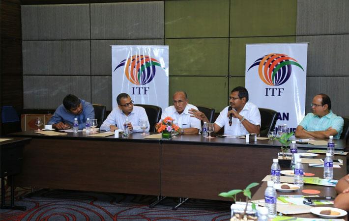 L-R: Dhanapal, JMD, Best Corporation; Prabhu Damodaran, Convenor, ITF; Narayanasamy, MD, Micro Cotspin; Senthilnathan, MD, Rasitex India; and Sabapathy, MD, Prasanna Spinning Mills at an ITF meeting.