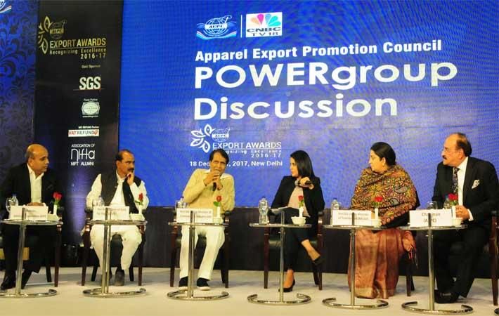 Union minister for commerce & industry Suresh Prabhu (3rd left) speaking at the AEPC event. Textiles minister Smriti Irani (2nd right), AEPC chairman Ashok Rajani (extreme right) are also seen. PIB