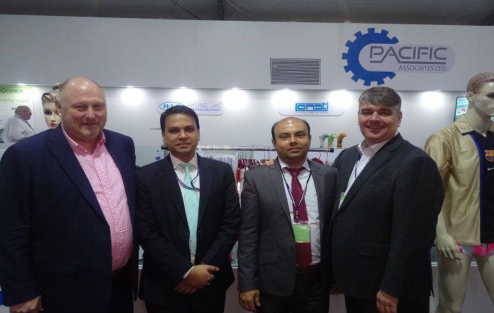 From left to right: Mark Smith from Karl Mayer, Ujjal Sen and Imran Mohaiminul from Pacific Associates, and Peter Frise from Karel Mayer (HK) at DTG Bangladesh. Courtesy: Karl Mayer