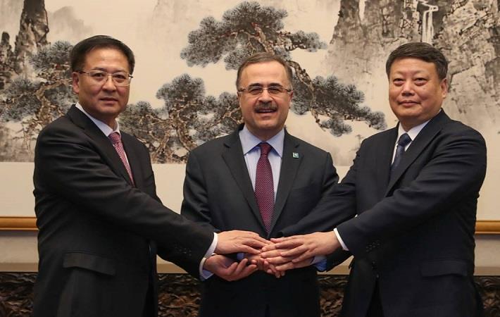 President & CEO of Saudi Aramco, Amin Nasser (center) with chairman of Norinco Group, Jiao Kaihe (left) and Governor of Liaoning Province Tang Yijun (right) in Beijing, China. Pic: Saudi Aramco
