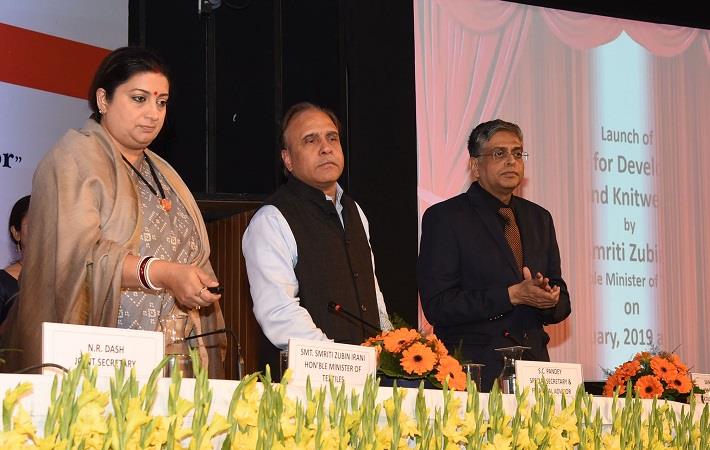 Union textiles minister Smriti Irani (extreme left) launching the schemes for the development of knitting and knitwear sector. Pic: PIB