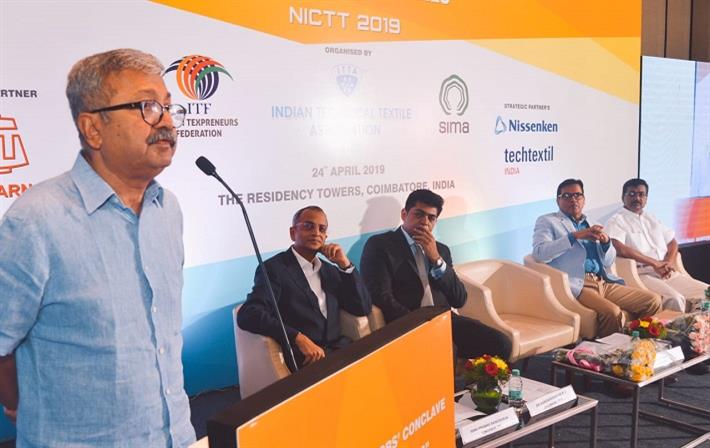 Textiles secretary Raghavendra Singh (extreme left) speaking at NICTT 2019.
