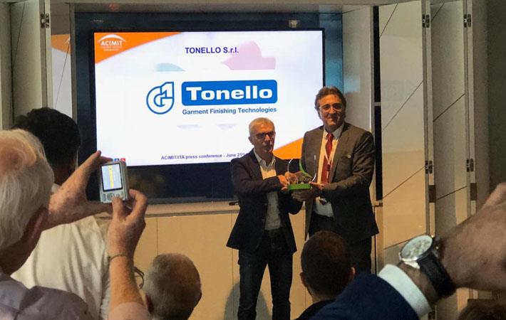 Tonello Srl being announced as winner of ACIMIT Best Green Label Tool User award at the ACIMIT press conference at ITMA 2019