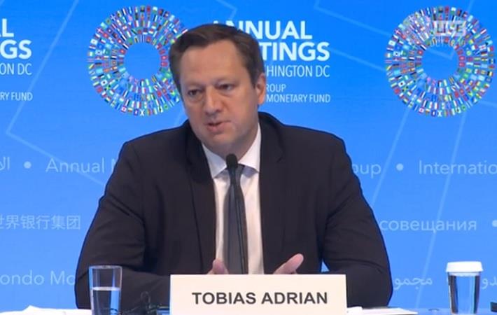 Tobias Adrian, Director, Monetary and Capital Markets Department, speaking at the IMF press conference. Pic: IMF