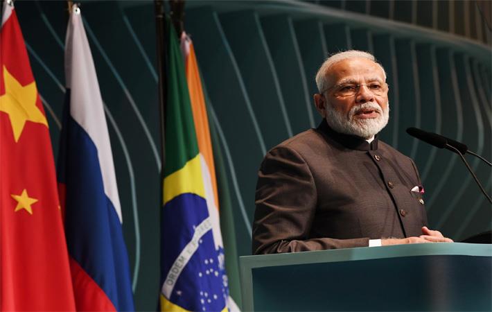 Indian Prime Minister Narendra Modi addressing the BRICS Business Forum, on the sidelines of BRICS Summit, in Brazil on November 13, 2019. Pic: PIB