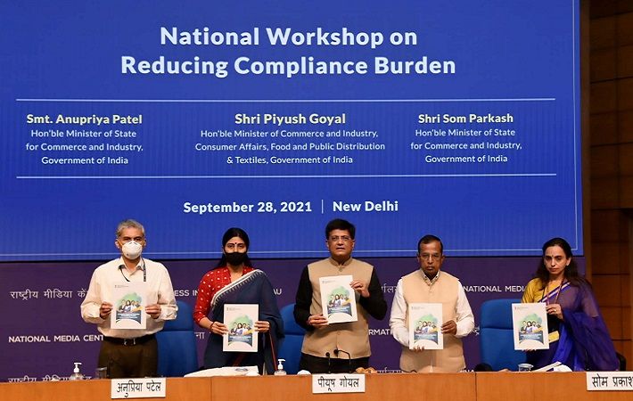 Union Minister for Textiles Piyush Goyal at the National Workshop organised by the DPIIT, in New Delhi. Ministers of State for Commerce and Industry Som Parkash and Anupriya Patel are also seen.Pic: P