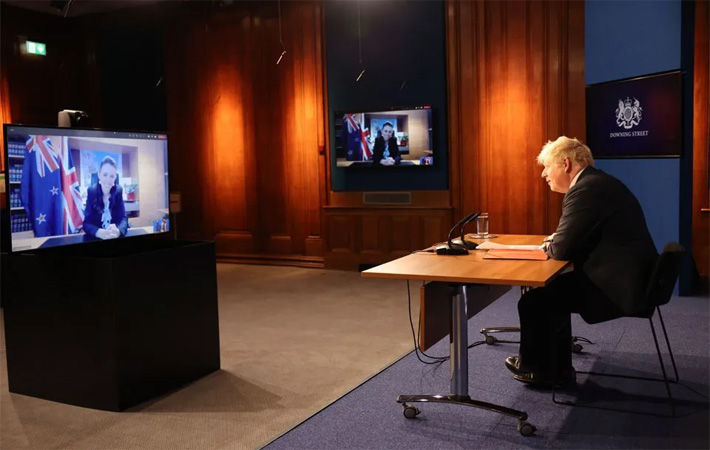 UK Prime Minister Boris Johnson (Right) in virtual conversation with New Zealand PM Jacinda Ardern Pic: GOV.UK