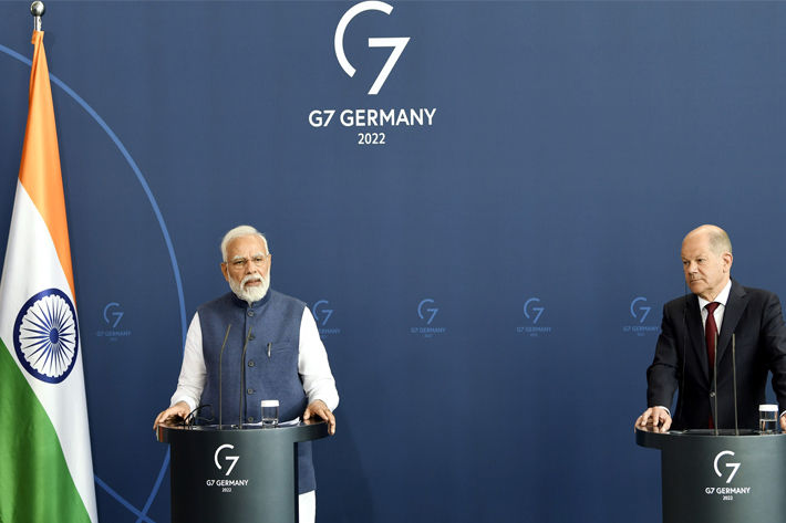 Indian PM Narendra Modi and the Chancellor of Germany, Olaf Scholz in Berlin. Pic: PIB
