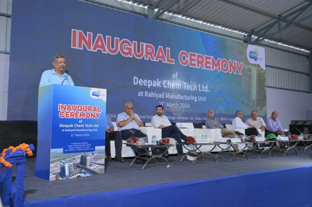Deepak C Mehta, CMD, Deepak Nitrite Limited delivers a speech at DCTL Plant Inauguration Ceremony. Pic: PRNewswire