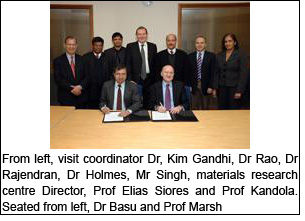 From left, visit coordinator Dr, Kim Gandhi, Dr Rao, Dr Rajendran, Dr Holmes, Mr Singh, materials research centre Director, Prof Elias Siores and Prof Kandola. Seated from left, Dr Basu and Prof Marsh
